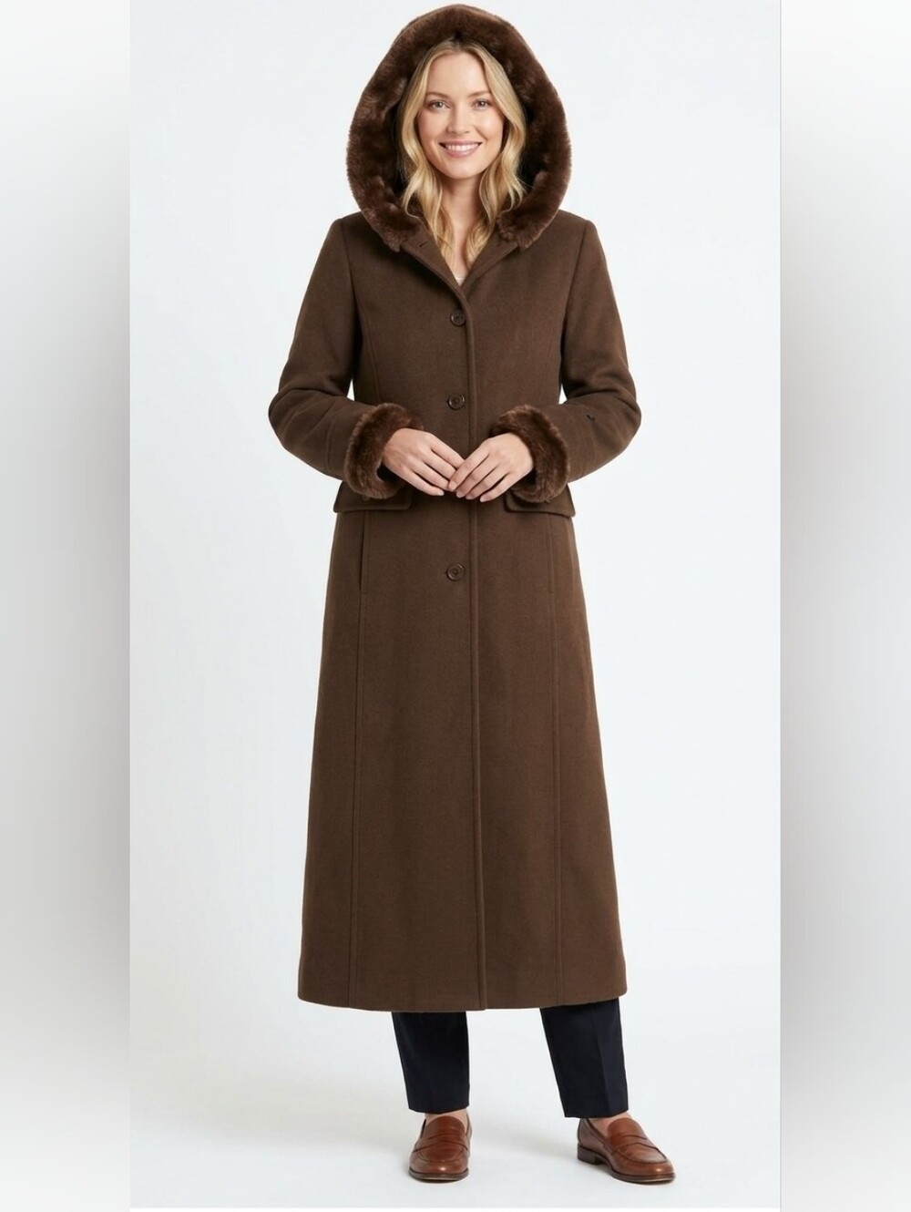 VTG 90s Charles Klein 100% Wool Long Coat Faux Fur Hood Size 6 Brown 🤎